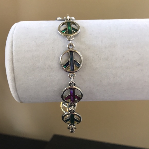 Multicolor Paua Sea Shell Peace Sign Bracelet - Picture 7 of 7